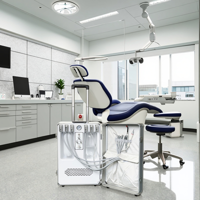 تصميم حقيبة سفر لوحدة طب الأسنان المحمولة، وحدة علاج الأسنان المتنقلة المحمولة باليد مع ضاغط مدمج، ومصباح معالجة، وجهاز إزالة الترسبات.