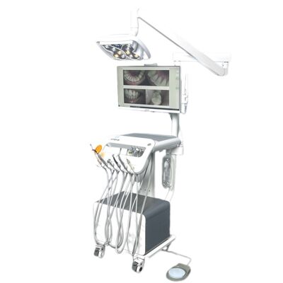 محطة عمل طب الأسنان المحمولة مع أنظمة الهواء والماء المتكاملة LED Butterfly Light Autoclavable Silicon Pad Mobile Dental Cart